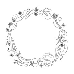 Frame, border. Set of vegetables, line drawing, doodle. Vegetarian natural food. Line art icons. Healthy food. Vector graphics. Blank background with space for text.