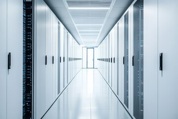 Modern data center interior with server racks and bright lighting