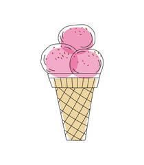 Ice cream cone, drawing, doodle. Ice cream waffle cone logo. Linear icon.  Illustration for poster design, banner, menu, bar, cafe, recipes, restaurant.