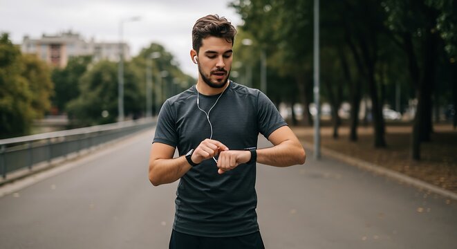 Young Man Checking Smartwatch During Outdoor Run - Powered by Adobe