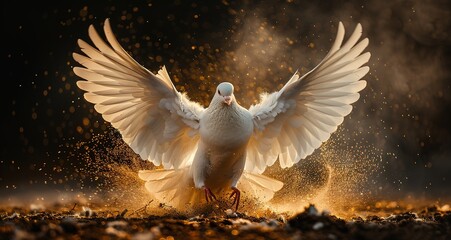 A white dove with its wings spread wide, standing on a bed of glowing embers. The dove is a symbol of peace, hope, and the Holy Spirit.