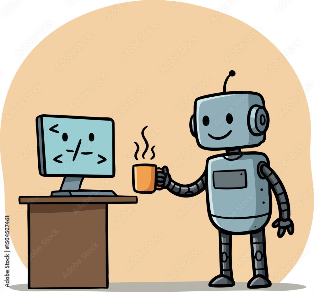Poster robot holding coffee cup near computer screen with code illustration vector
