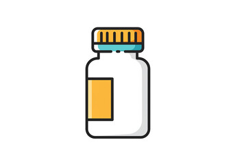 Obraz premium A cartoon illustration of a white pill bottle with a yellow cap and label on a white background
