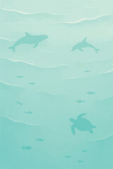 Naklejka premium blue background of the seabed of the ocean or sea with abstract waves and sea creatures, in an abstract style