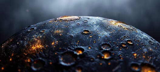 A close up of a cratered, fiery planet with a dark blue and gray surface. The planet is surrounded by a swirling cloud of dust and gas.