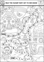 Woodland fairy black and white dice board game with magic forest background. Fairytale princess boardgame, coloring page, activity, printable worksheet for kids. Help swamp girl get to house