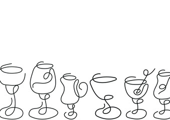 poster of various icons with glasses for various drinks drawn with several lines in line art style
