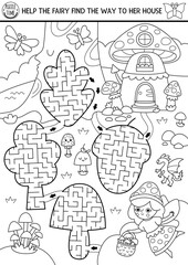 Black and white maze for kids with fairy, geometrical labyrinths shaped as mushroom, acorn, tree, leaf, Fairytale princess printable activity, coloring page. Labyrinth game, magic forest puzzle
