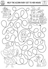 Black and white maze for kids with acorn fairy going to her house. Fairytale princess printable activity, coloring page. Magic forest, woodland labyrinth game, puzzle with squirrel, fox, mushroom