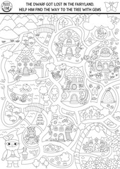 Obraz premium Black and white maze for kids with woodland fairies, house, magic forest landscape. Fairytale princess preschool printable activity, coloring page. Labyrinth game, puzzle. Help dwarf find way to tree