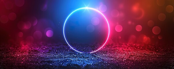 Abstract neon circle glowing in a dark background with water droplets reflecting light. Futuristic and vibrant aesthetic.