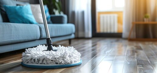 Closeup of a mop cleaning a wooden floor in a living room. The mop is in the foreground with a blue sofa and pillows in the background.