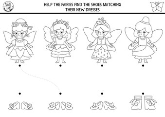 Woodland fairy black and white matching activity with girls looking for shoes. Magic forest puzzle with flower, acorn, berry princess. Match shoe and dress game. Fairytale fantasy coloring page