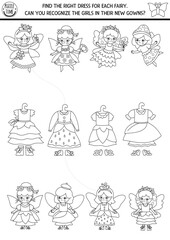 Woodland fairy black and white matching activity with girls looking for new gowns. Magic forest puzzle with flower, acorn, berry princess and their dresses. Fairytale fantasy coloring page, game