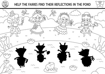 Obraz premium Woodland fairy black and white shadow matching activity with girls and reflections in water. Magic forest puzzle with cute berry, acorn, flower princess. Find correct silhouette coloring page