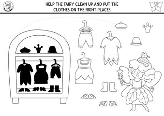 Woodland fairy black and white shadow matching activity with girl, dress, wardrobe. Magic forest puzzle with acorn princess. Find correct silhouette coloring page. Put clothes on right places