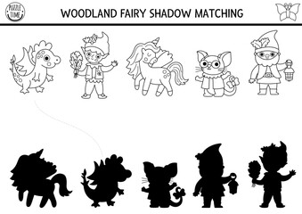 Woodland fairy black and white shadow matching activity with fantasy creature. Magic forest puzzle with unicorn, dwarf, elf. Find correct silhouette printable worksheet. Fairytale coloring page