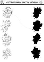 Woodland fairy black and white shadow matching activity with girl. Magic forest puzzle with acorn princess. Find correct silhouette printable worksheet, game. Fairytale fantasy coloring page