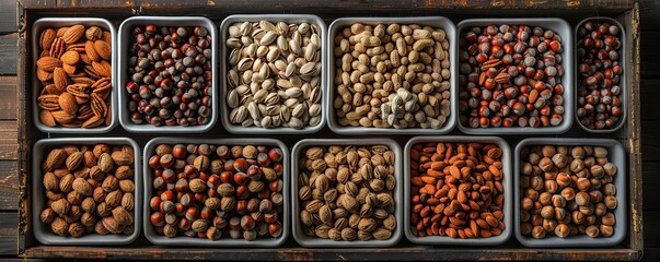 A wooden crate containing 12 small white square containers filled with a variety of different types of beans, nuts and seeds.