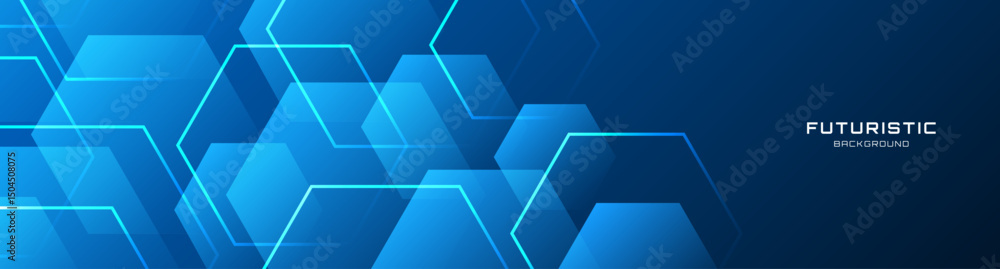 Poster blue techno abstract background overlap layer on dark space with glowing hexagons shape decoration. 
