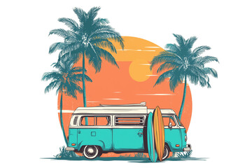 Obraz premium .Vintage camper van parked near palm trees with two surfboards leaning, retro sunset in background, warm pastel tones, minimal vector design, transparent background..