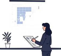 Businesswoman analyzing data charts in office workspace with plant decoration vector illustration 