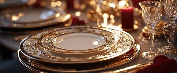 Elegant Festive Table Setting with Gold-Rimmed China and Crystal Glassware for Celebrations