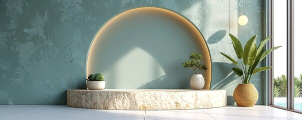 Minimalist interior design with a marble podium, arched doorway, and potted plants, creating a serene and stylish space.