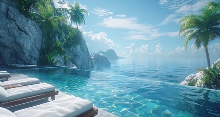 Tropical paradise with an infinity pool overlooking the ocean. Perfect for a relaxing vacation getaway. Enjoy the stunning scenery and clear blue water.