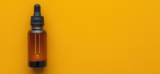 Amber glass dropper bottle with black cap on a yellow background. Minimalist product photography for beauty, cosmetics, or essential oils.