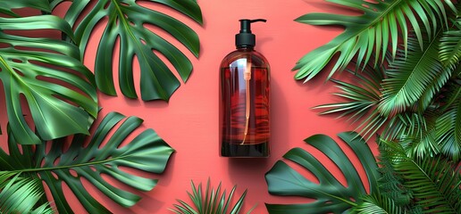 Amber glass bottle with pump dispenser surrounded by tropical leaves on a red background. Perfect for beauty and skincare products.