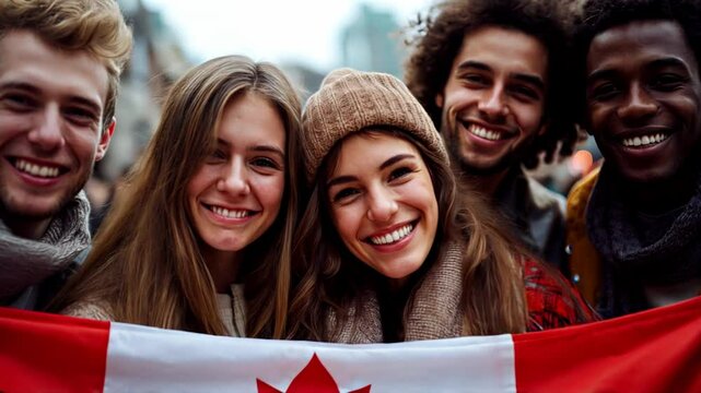 Group of a multiracial smiling young people holding a flag of Canada looking at the camera
