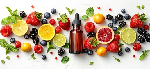 Essential oil bottle with various fresh fruits and berries on white background. Natural ingredients, healthy lifestyle, beauty and wellness concept.