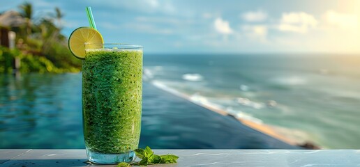 A refreshing green smoothie with lime garnish, overlooking an infinity pool and the ocean. Perfect for a summer vacation.