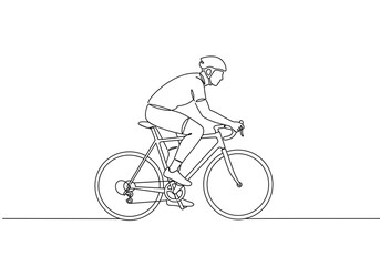 Obraz premium Continuous line drawing of cyclist riding bicycle wearing helmet and sportswear on a white background