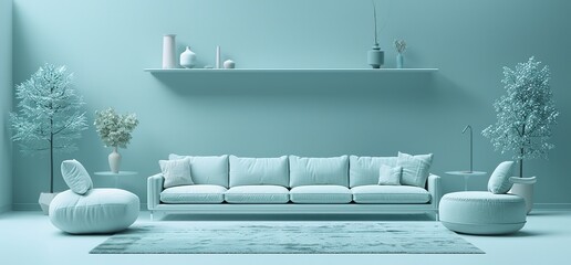 Modern living room interior design with a white sofa, two armchairs, a rug, and a shelf with decorative items. Minimalist and stylish with a calming blue green color scheme.