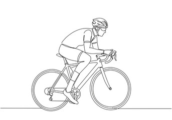 Continuous line drawing of cyclist riding a bicycle in minimalist design on a white background view