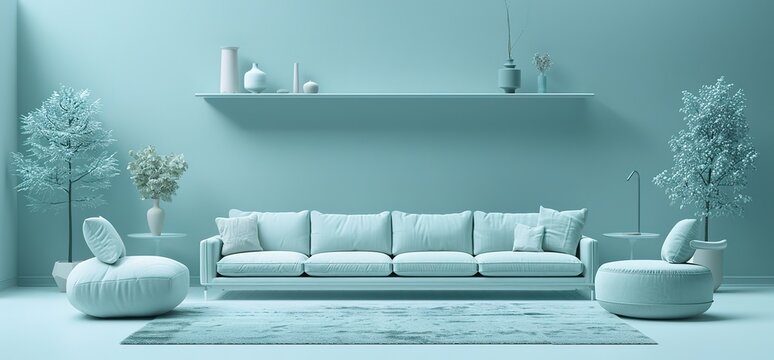 Modern living room interior design with a white sofa, two armchairs, a rug, and a shelf with decorative items. Minimalist and stylish with a calming blue green color scheme.