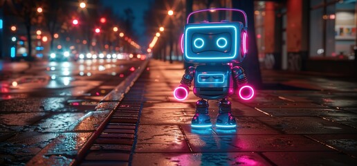 A neon robot with glowing lights walks down a city street at night. The robot is in the foreground with the cityscape in the background.