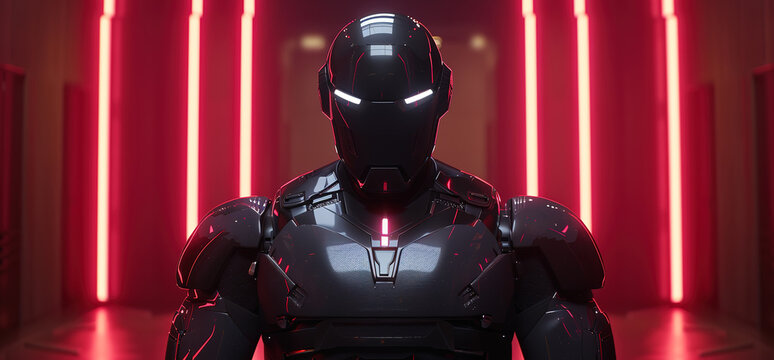 A futuristic cyborg with glowing red eyes stands in a hallway with red neon lights. The cyborg is made of metal and has a sleek design.