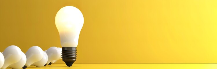A light bulb shines brightly above a row of unlit bulbs, symbolizing the power of creativity, innovation, and standing out.