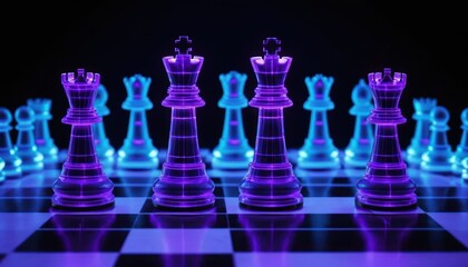 Glass chess pieces on a blue board, a strategic game of intelligence and power
