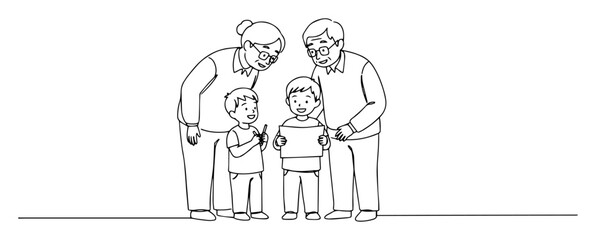 grandparents spending time with grandchildren linear abstract art using minimal lines and clean curves