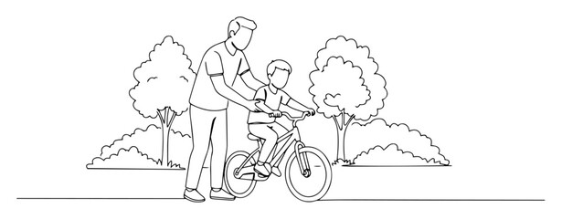 father teaching son to ride a bike linear vector artwork