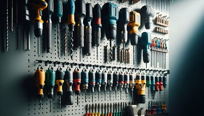 Set of colorful drills hanging on a pegboard in a clean, organized workshop, shot with side lighting and minimal shadows.