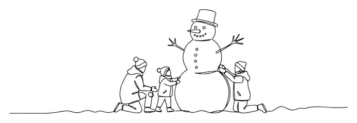 children building snowman in winter fun hand-drawn monoline art