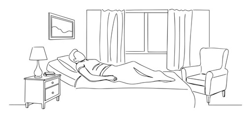 person sleeping peacefully in cozy bedroom linear vector artwork