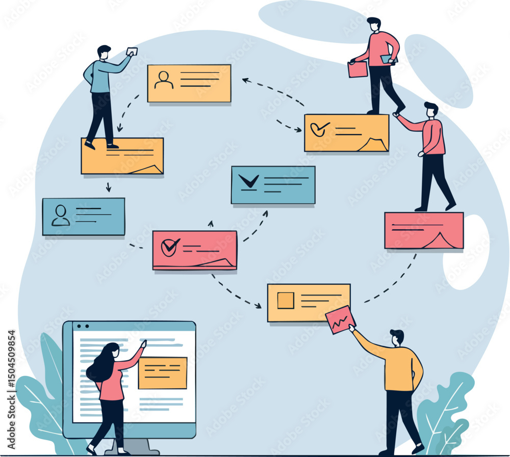 Poster workflow collaboration process illustration with people and colorful task cards in office setting
