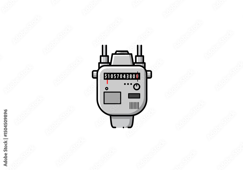 Poster a gray utility meter with a digital display showing a large number on a white background isolated