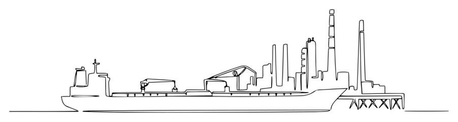 oil tanker ship approaching industrial port abstract line art vector